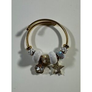 Gold Tone Cable Wire Bypass Charm Bracelet Star Flower White Beads Rhinestone